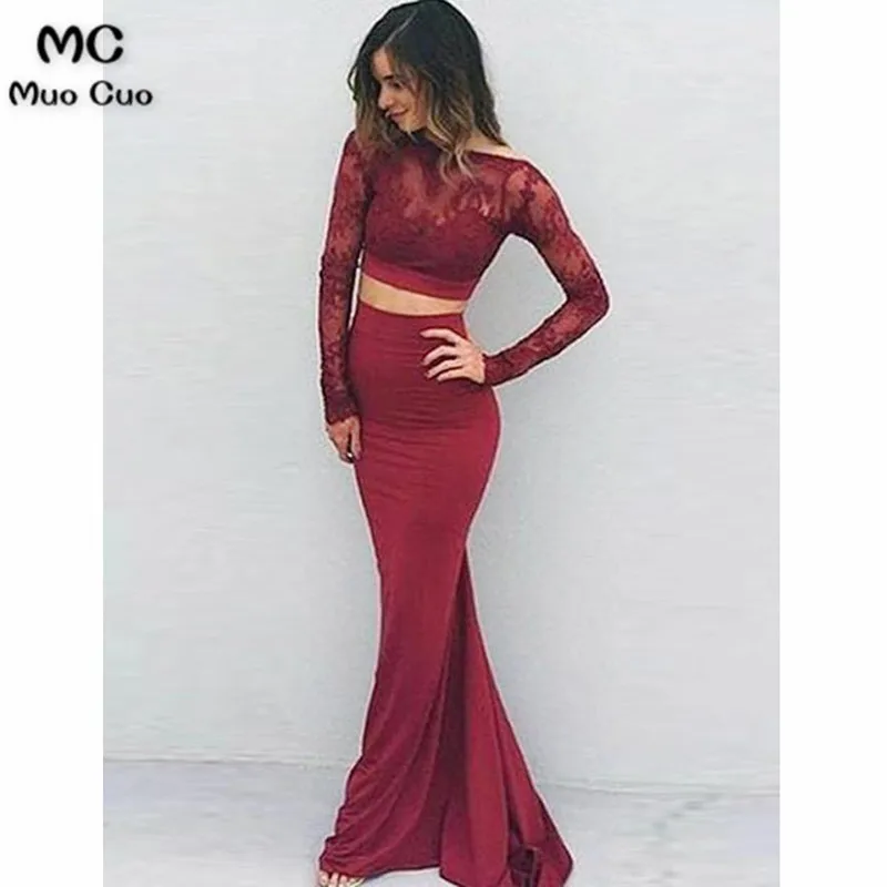 2018 Two Pieces Gown Long Sleeve Evening Dresses Lace Appliques Burgundy Prom Dresses Long Backless Evening Dress for women
2018 Two Pieces Gown Long Sleeve Evening Dresses Lace Appliques Burgundy Prom Dresses Long Backless Evening Dress for women