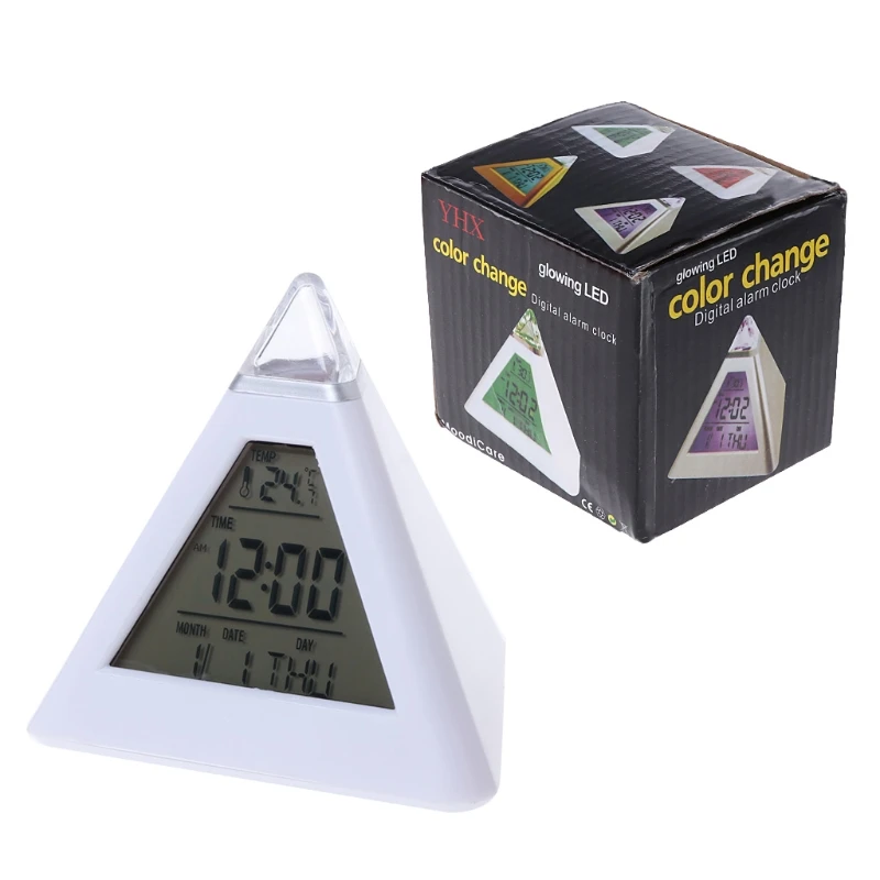 Tri-angle Pyramid Time 7 Color Change LED Alarm Digital LCD Clock Thermometer New
Tri-angle Pyramid Time 7 Color Change LED Alarm Digital LCD Clock Thermometer New