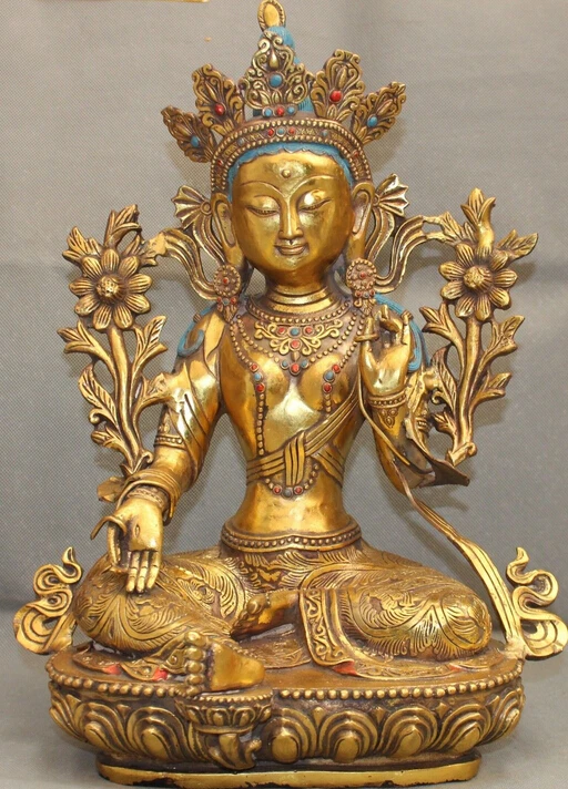 

JP S0524 20" Tibet Tibetan Buddhism Bronze Gilt Seat Green Tara Goddess Buddha Statue M