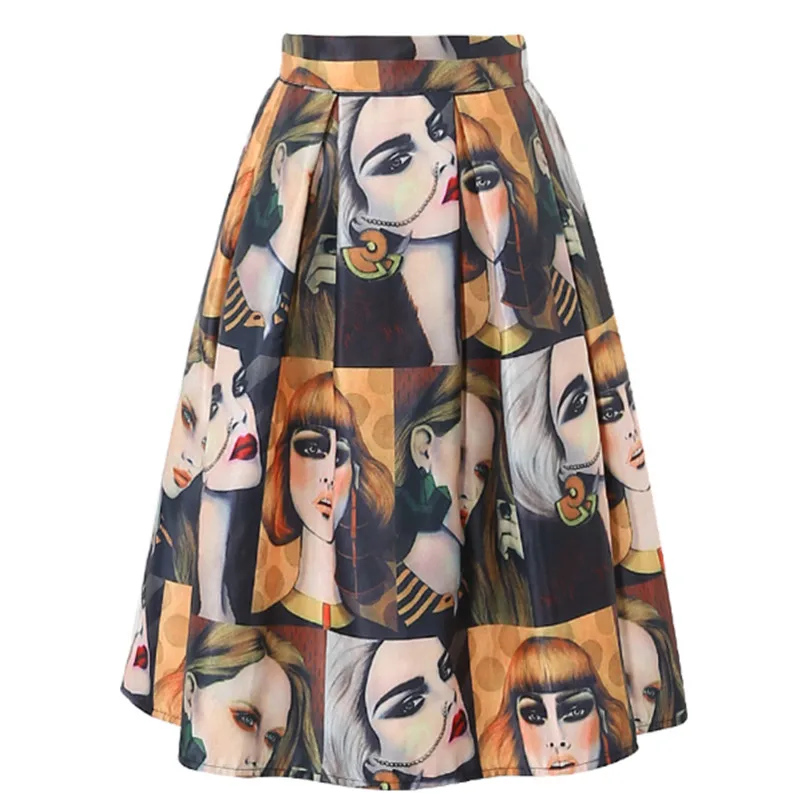 CHICING Women's Vintage A-Line Pleated Skirt w/ Elastic High Waist & Head Portrait Print