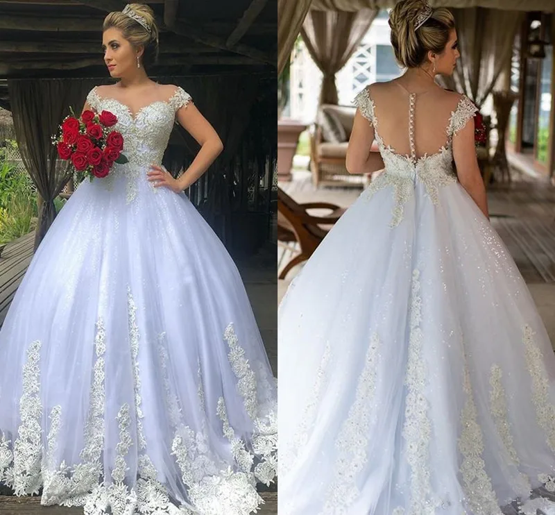 Elegant Plus Size Ball Gowns for Brides Off Shoulder Illusion Back Covered with Buttons Sheer Neck Lace Appliques Crystals New
Elegant Plus Size Ball Gowns for Brides Off Shoulder Illusion Back Covered with Buttons Sheer Neck Lace Appliques Crystals New