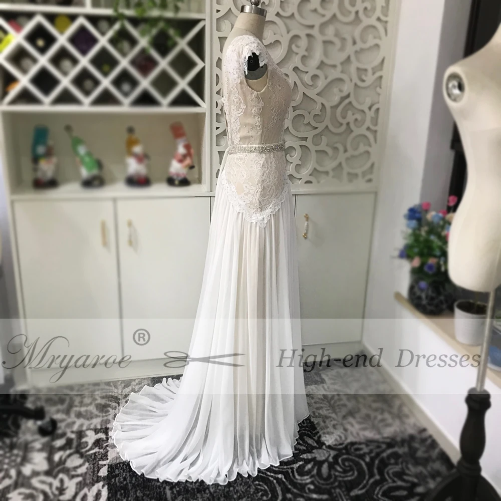 Mryarce Elegant V Neck Glitter Lace Open Back Wedding Dress Boho Chic Bridal Gowns With Rhinestone Belt (3)