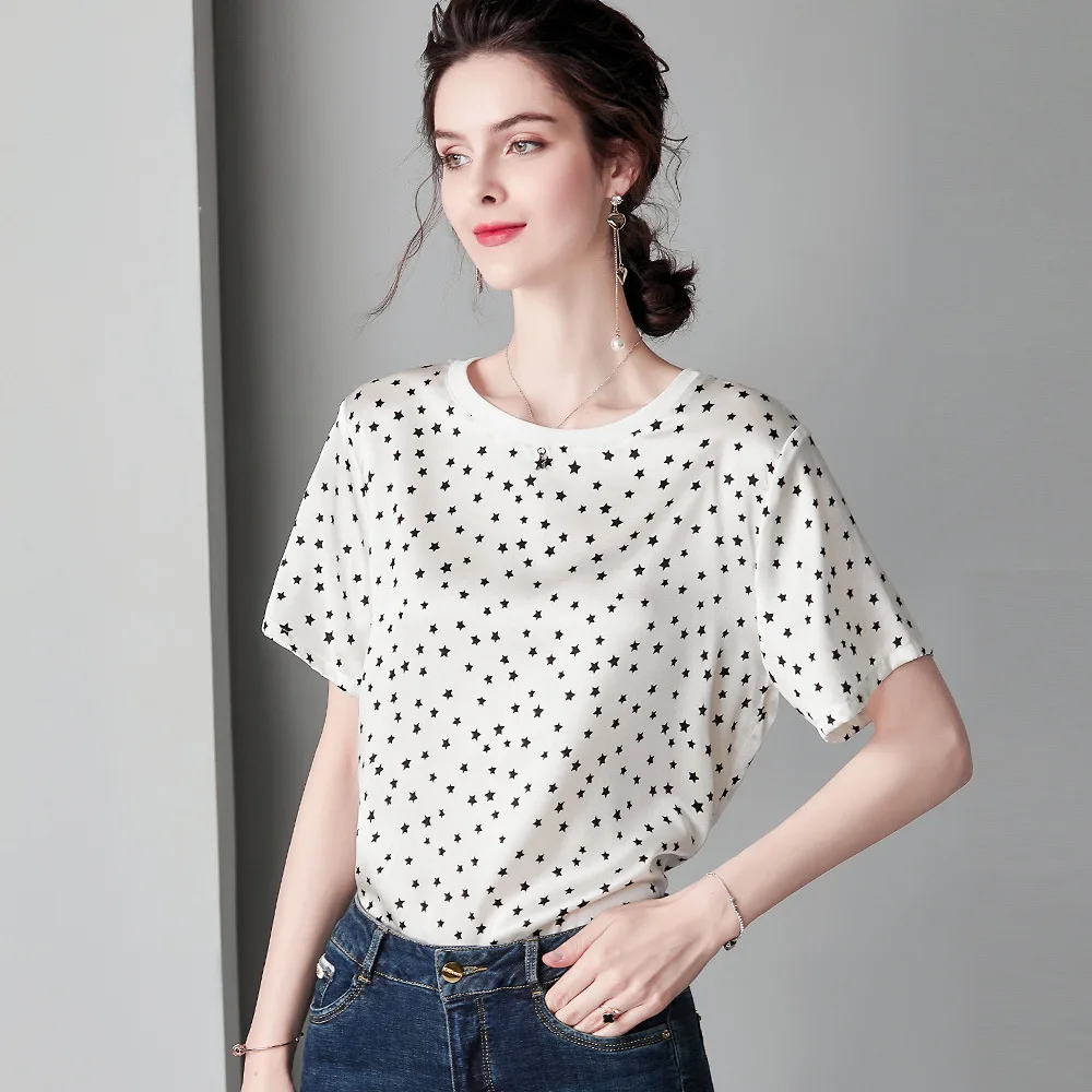 High End 100% Silk Satin Blouse Shirt O Neck Short Sleeve Loose Star Printting Satin Blouses Shirts Women 2019 New Summer Top
High End 100% Silk Satin Blouse Shirt O Neck Short Sleeve Loose Star Printting Satin Blouses Shirts Women 2019 New Summer Top