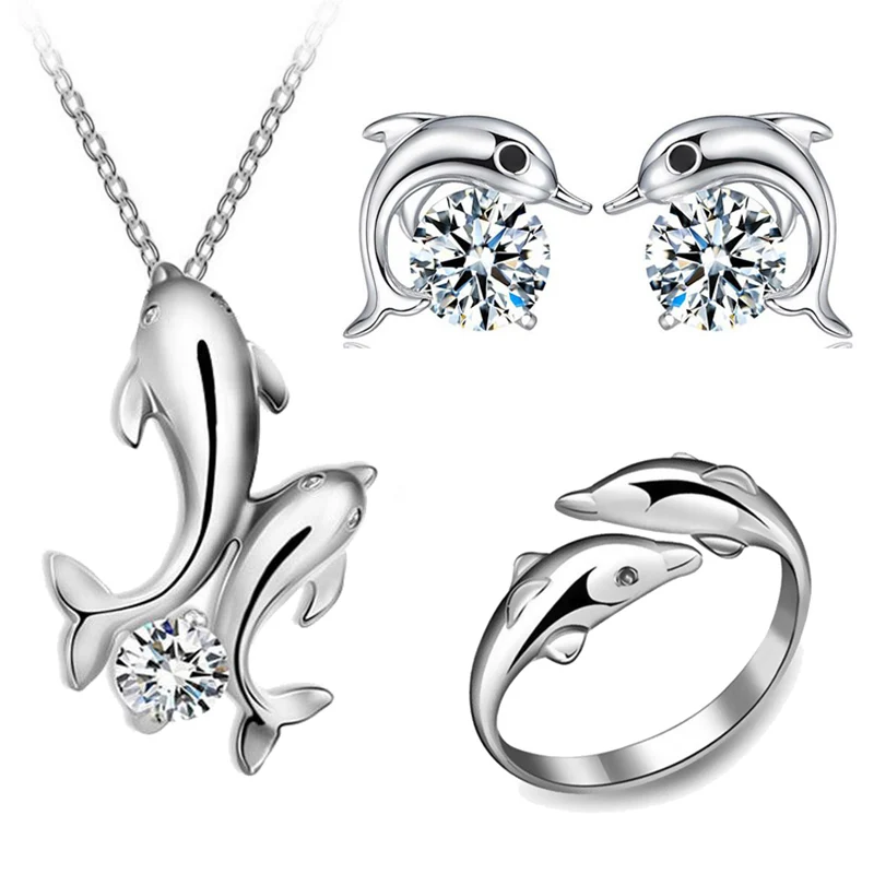 Wedding Bridal Crystal Jewelry Sets For Women Silver Color Cubic Zirconia Dolphin Necklaces Earrings Rings Sets Costume Jewelry
Wedding Bridal Crystal Jewelry Sets For Women Silver Color Cubic Zirconia Dolphin Necklaces Earrings Rings Sets Costume Jewelry