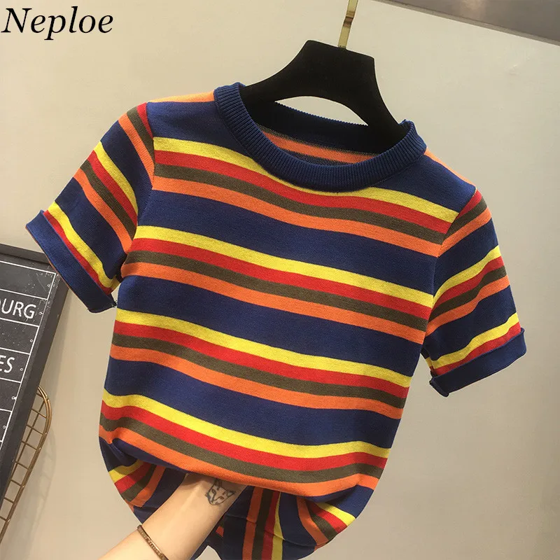 Neploe Vintage Panelled Rainbow Women Tops Knitted Summer New Slim T-shirts Short Sleeve Striped Korean Female Fashion Tee 68086
Neploe Vintage Panelled Rainbow Women Tops Knitted Summer New Slim T-shirts Short Sleeve Striped Korean Female Fashion Tee 68086