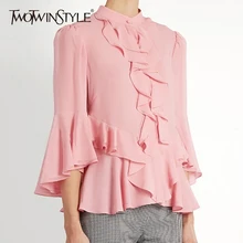 Deuxtwinstyle à volants en mousseline de soie femmes chemise Blouse Stand Flare manches élégant chemise hauts femme doux Style 2019 été mode(China)