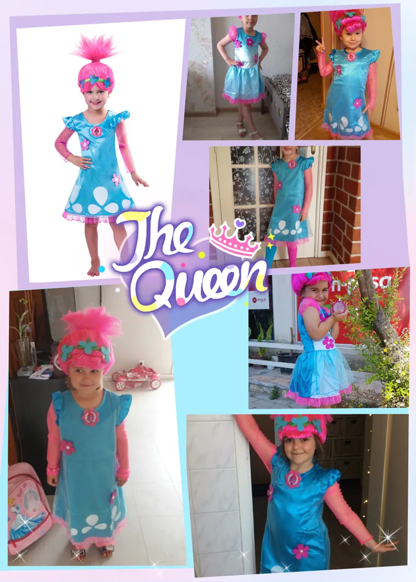 Girls Dresses Trolls Poppy Cosplay Costumes Dress For Girls Bobo Choses Halloween Clothes Kids Fancy Dress & Girl Wig Set 4-12Y (5)_