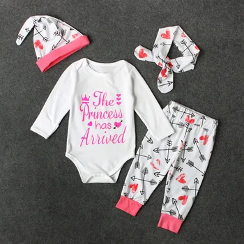 Popular Infant Clothing Long Sleeve Baby Outfits Letter Print Romper + Pants Hat Headband 4PCS Autumn New Baby Girls Clothing
Popular Infant Clothing Long Sleeve Baby Outfits Letter Print Romper + Pants Hat Headband 4PCS Autumn New Baby Girls Clothing