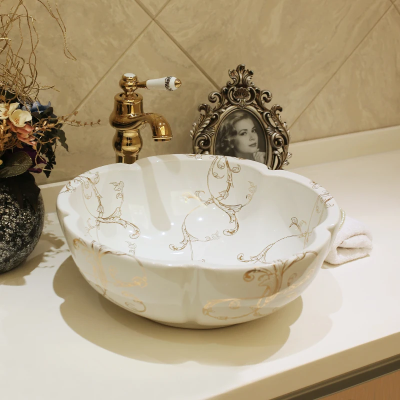 Flower shape basin bath wash basin art basin artistic basin black/white color with gold pattern bathroom sinks bowl ceramic
Flower shape basin bath wash basin art basin artistic basin black/white color with gold pattern bathroom sinks bowl ceramic