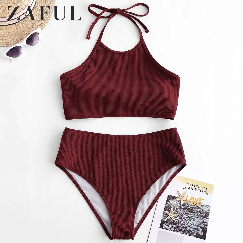 

ZAFUL Bikini Ribbed High Waisted Halter Tankini Set High Neck Swimsuit Wire Free Padded Swimwear For Women Bathing Suit 2019