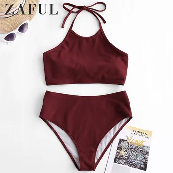 

ZAFUL Bikini Ribbed High Waisted Halter Tankini Set High Neck Swimsuit Wire Free Padded Swimwear For Women Bathing Suit 2019