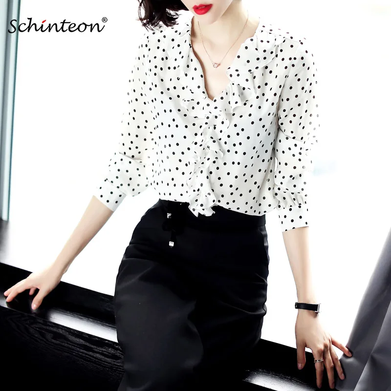 2019 Schinteon Women Spring Summer 100% Real Silk Blouse Polka Dot Shirts Ruffles V-Neck White
2019 Schinteon Women Spring Summer 100% Real Silk Blouse Polka Dot Shirts Ruffles V-Neck White