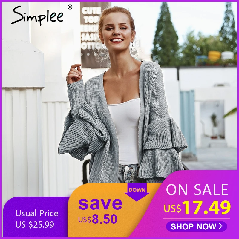 Simplee Ruffles khaki women cardigan Casual long sleeve fashion female sweater 2018 Autumn winter sexy jumper outwear |