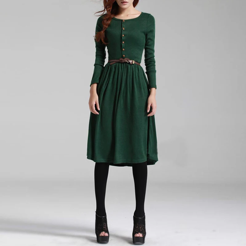 Black/Green 2017 Hot Sale Autumn Winter Dress Women\'s Long Sleeve Knitted Button Dress Ladies Casual Party Dress With Belt