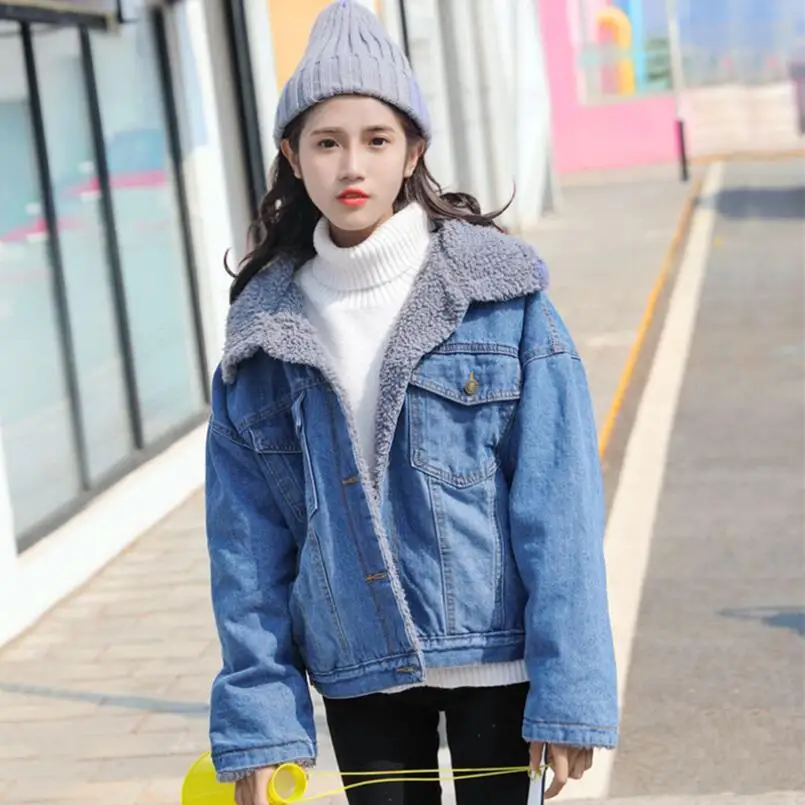 Spring Autumn Winter New 2019 Women lambswool jean Coat With 2 Pockets Long Sleeves Warm Jeans Coat Outwear Wide Denim Jacket
Spring Autumn Winter New 2019 Women lambswool jean Coat With 2 Pockets Long Sleeves Warm Jeans Coat Outwear Wide Denim Jacket