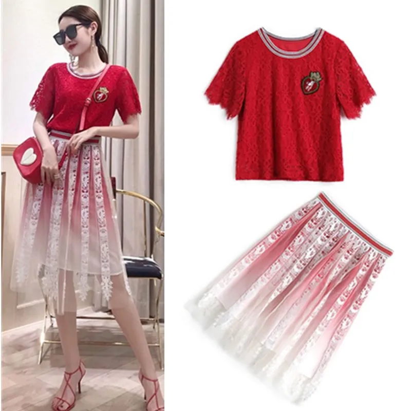 New Summer Women's Skirts Suits Lace Red Short Sleeve Appliques Blouses And Lace Red Elegant Skirt Party Suits Set NS381
New Summer Women's Skirts Suits Lace Red Short Sleeve Appliques Blouses And Lace Red Elegant Skirt Party Suits Set NS381