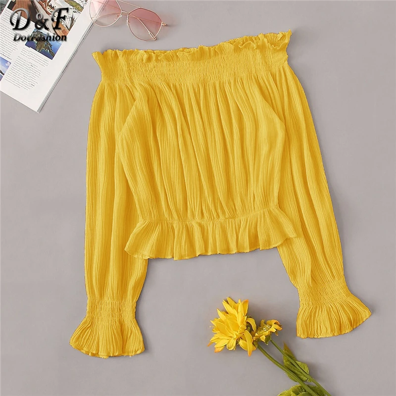 

Dotfashion Solid Frill Shirred Off Shoulder Blouse Women 2019 Summer Casual Flounce Sleeve Clothing Spring Ladies Fashion Tops