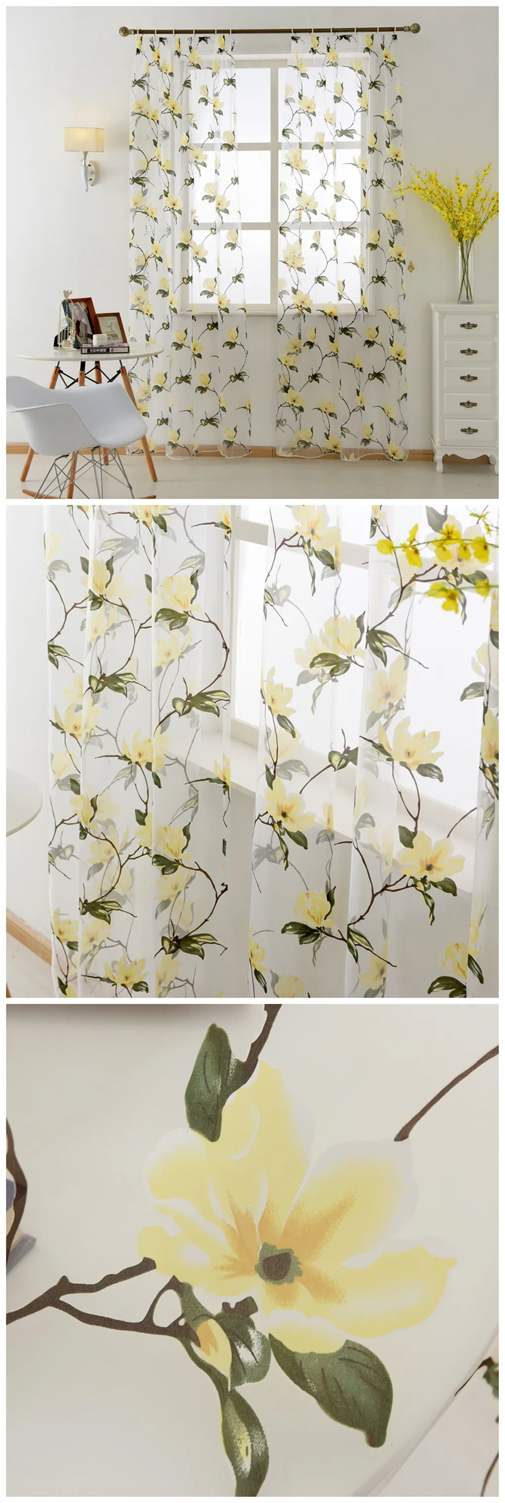 LOZUJOJU Sheer Curtains Floral Pattern Transparent Drop Tulle Pastoral Design Fabric Thread Organza Tape for Living Room Elegant (3)