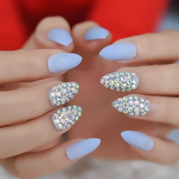 Matte Rhinestone Eye-catching Stiletto Nails Medium Sky Blue Chameleon Gem Fake Nails Handmade Pre-designed Frosted Tips 
Matte Rhinestone Eye-catching Stiletto Nails Medium Sky Blue Chameleon Gem Fake Nails Handmade Pre-designed Frosted Tips