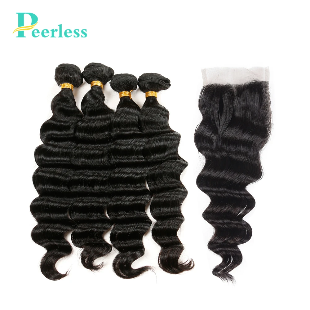 

PEERLESS Virgin Hair Brazilian Loose Wave 4 Bundles With Closure 4*4 Swiss Lace Natural Color Raw Human Hair Extensions