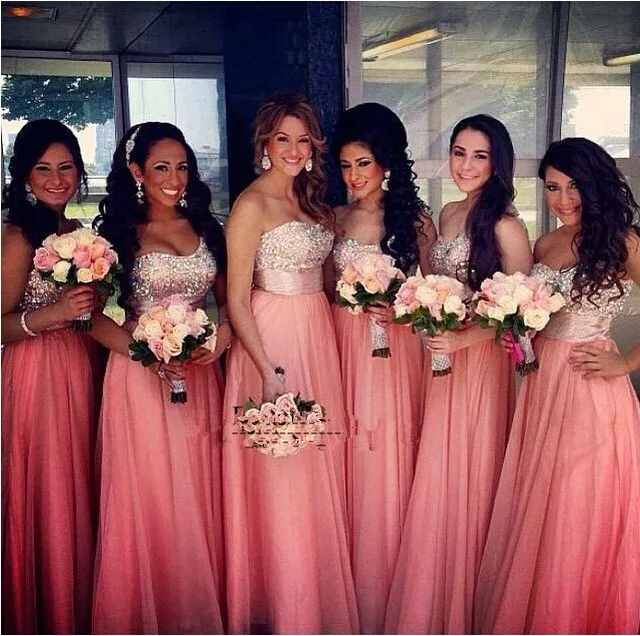 Elegant Strapless Chiffon Custom Made Coral Floor Length Bridesmaid Dresses Crystal Beaded Long Wedding Guest Dress to Party
Elegant Strapless Chiffon Custom Made Coral Floor Length Bridesmaid Dresses Crystal Beaded Long Wedding Guest Dress to Party