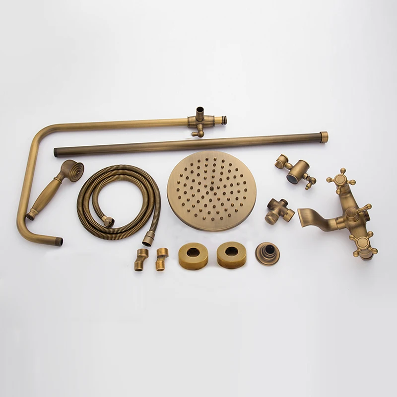 Wall-Mount-Rainfall-Bath-Shower-Mixer-Taps-Brass-Antique-Bathroom-Shower-Set-Column-Dual-Handle-Shower
