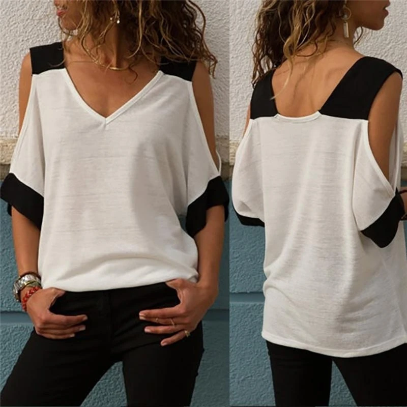 Short Sleeve Cotton Women T Shirts Sexy V Neck Off Shoulder T-shirts Fashion Summer Black White T-shirt White Patchwork Tops
Short Sleeve Cotton Women T Shirts Sexy V Neck Off Shoulder T-shirts Fashion Summer Black White T-shirt White Patchwork Tops