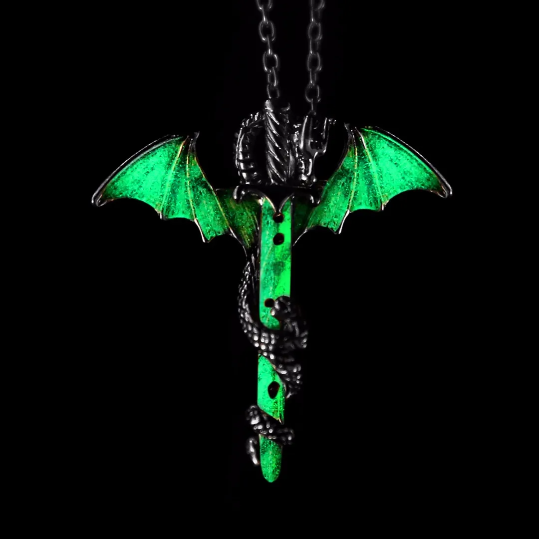 Vintage Glow in the Dark Chain Necklaces Shellhard Luminous Sword Dragon Pendant Necklace For Mens Punk Jewelry