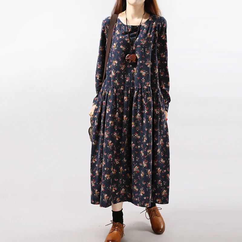 Фото Женское Хлопковое платье с длинным рукавом свободное винтажное - купить