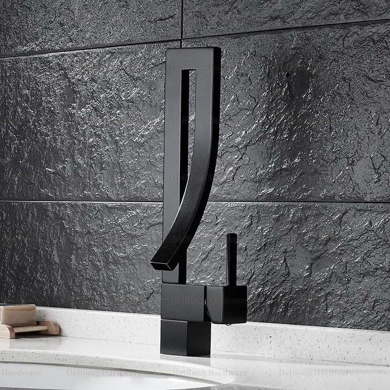 

Brass basin faucet black single handle cold & hot mixed taps square tall sink bathroom waterfall faucet