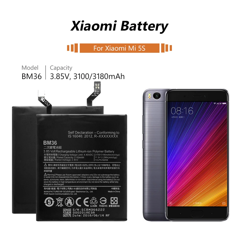 Phone Battery 3.85V 3100/3180mAh BM36 BM 36 Lithium Li-ion Rechargeable Battery For Xiaomi Mi 5S (Xiaomi 5S/Xiaomi Mi5S)
Phone Battery 3.85V 3100/3180mAh BM36 BM 36 Lithium Li-ion Rechargeable Battery For Xiaomi Mi 5S (Xiaomi 5S/Xiaomi Mi5S)