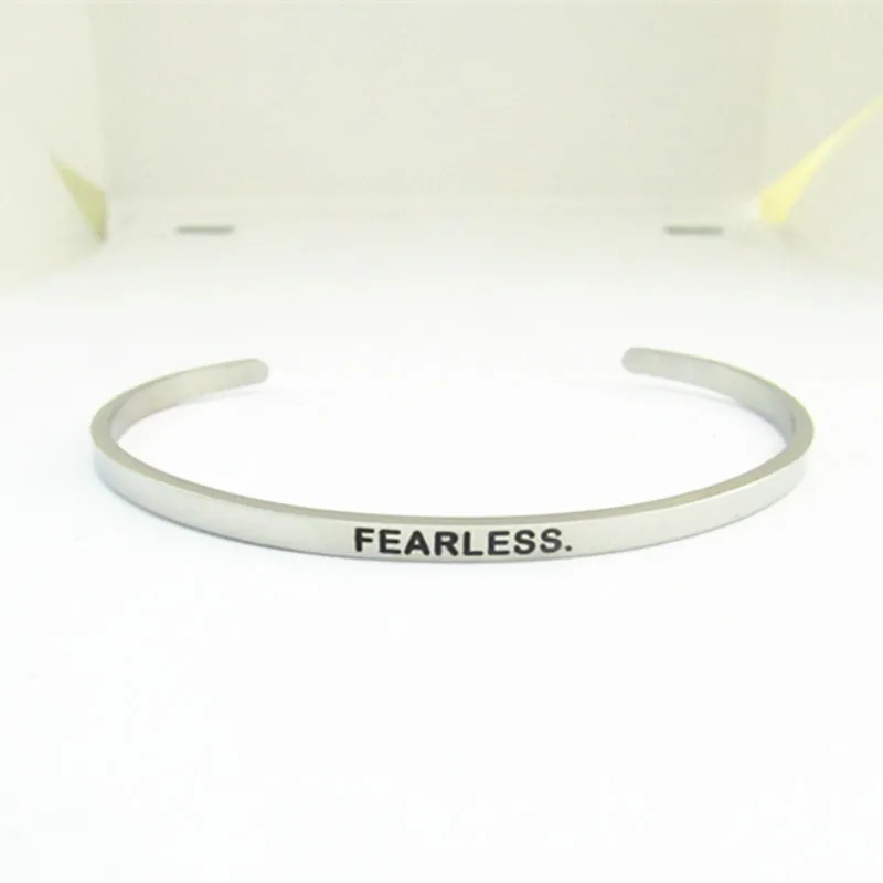 

Stainless Steel Engraved (FEARLESS) Positive Inspirational Quote Hand Stamped Cuff Mantra Bracelet Bangle For Girls