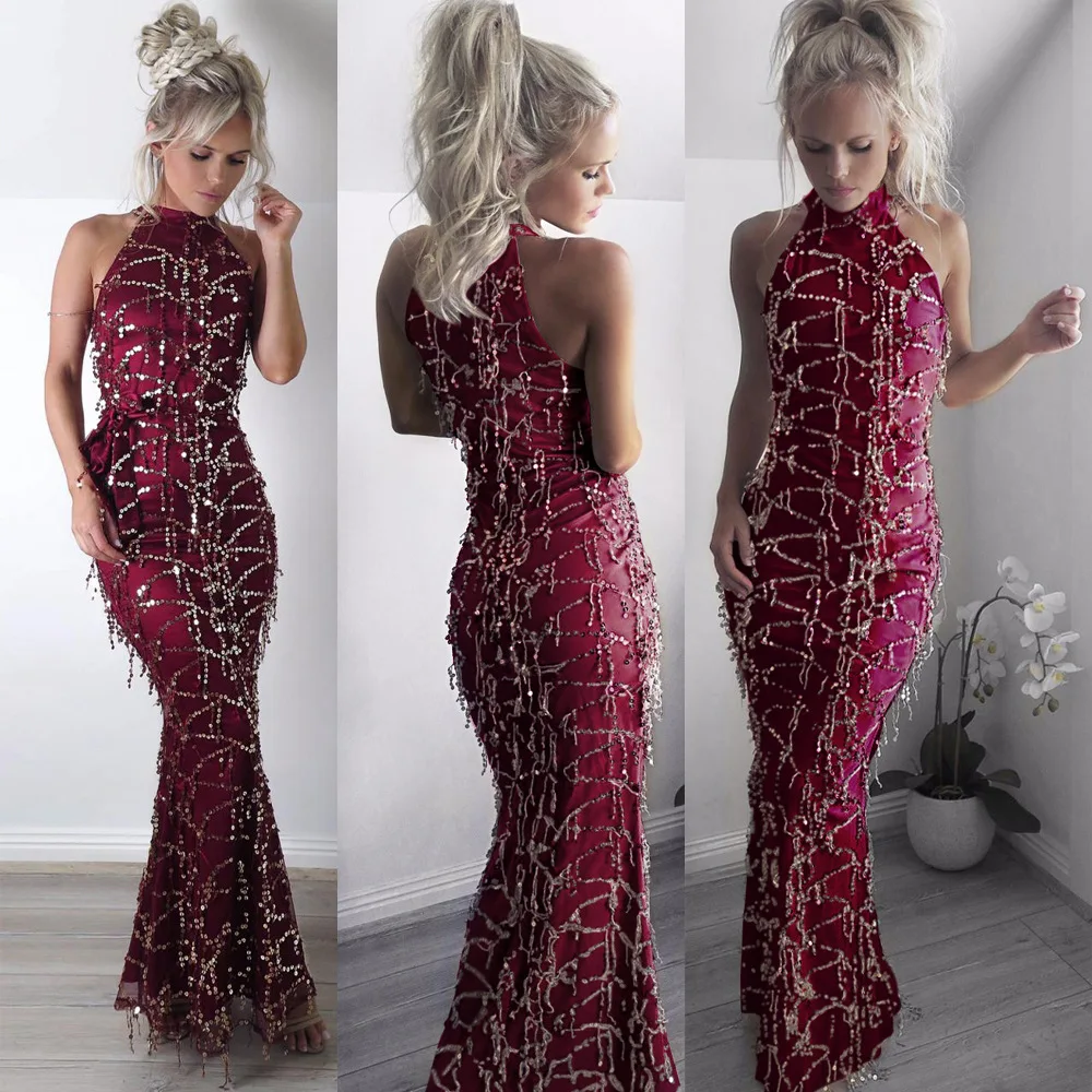 Tassel Sequins Floor Length Mermaid Elegant Dress Women Wine/Blue Halter Sleeveless Long Party Dresses Gowns Robe De Soiree
Tassel Sequins Floor Length Mermaid Elegant Dress Women Wine/Blue Halter Sleeveless Long Party Dresses Gowns Robe De Soiree