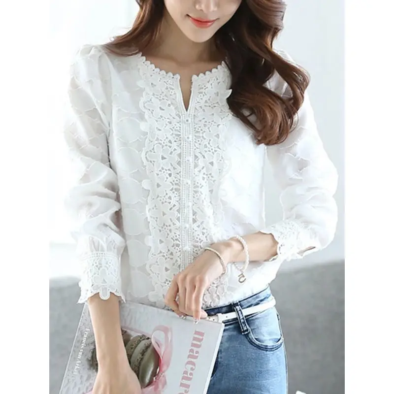 Women Blouses Casual White Sweet Elegant Spring Straight Solid Button Hollow Print Embroidery Female Fashion Tops Retro Shirts
Women Blouses Casual White Sweet Elegant Spring Straight Solid Button Hollow Print Embroidery Female Fashion Tops Retro Shirts