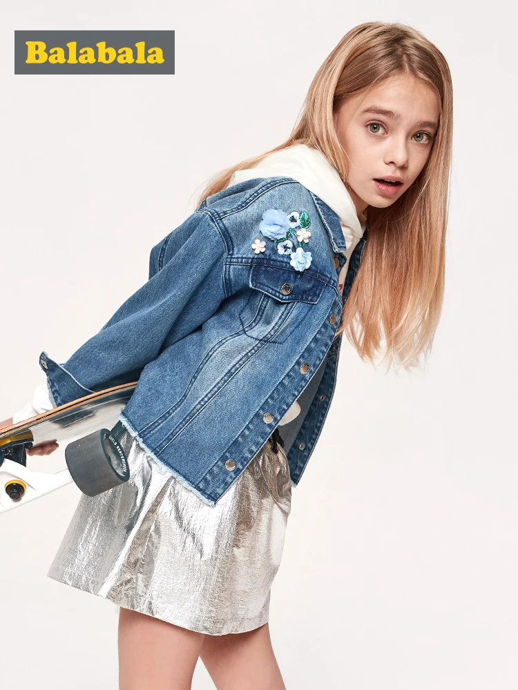 Balabala Girls Denim Jacket with Collar Fashion Jeans Raw-edge Hem Children Teenager Spring Clothes | Детская одежда и обувь