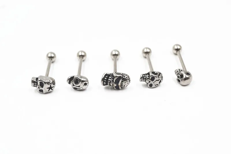 

14g 50pcs Free shippment Body Piercing Jewelry- PUNK EMO Skull Head Langue Tongue Ring Bar Nipple Sheild Barbells Piercing NEW