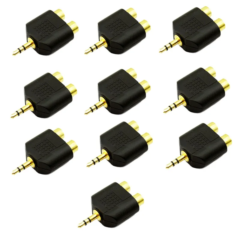 

Lots 10pcs Banggood Golden Plate 3.5mm Audio Male to 2 Port RCA Female Y Splitter AV Video Cable Plug Adapter