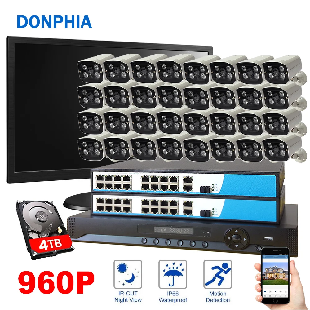 32pcs Camera POE Surveillance System 32ch NVR+PoE Switch+960P IP Camera+4TB HDD+Display Waterproof Night Vision Security System
32pcs Camera POE Surveillance System 32ch NVR+PoE Switch+960P IP Camera+4TB HDD+Display Waterproof Night Vision Security System