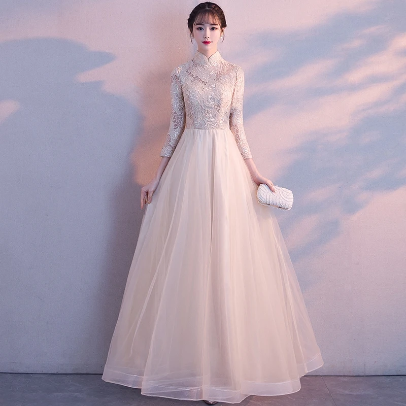 Champagne Lace Chinese Style Women Three Quarter Sleeve Mesh Dress Slim Full Length Qipao Evening Prom Party Dresses Gown XS-XXL
Champagne Lace Chinese Style Women Three Quarter Sleeve Mesh Dress Slim Full Length Qipao Evening Prom Party Dresses Gown XS-XXL