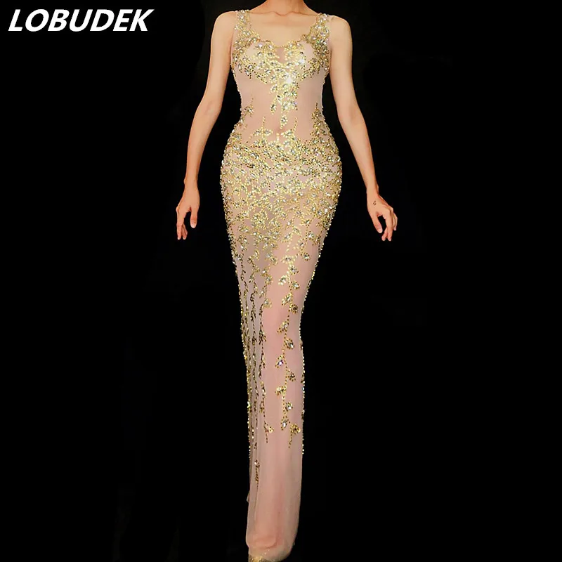 Sexy Perspective Gold Rhinestones Long Dress Women Prom Birthday Evening Party Mesh See-through Dress Bar Singer Stage Costume
Sexy Perspective Gold Rhinestones Long Dress Women Prom Birthday Evening Party Mesh See-through Dress Bar Singer Stage Costume