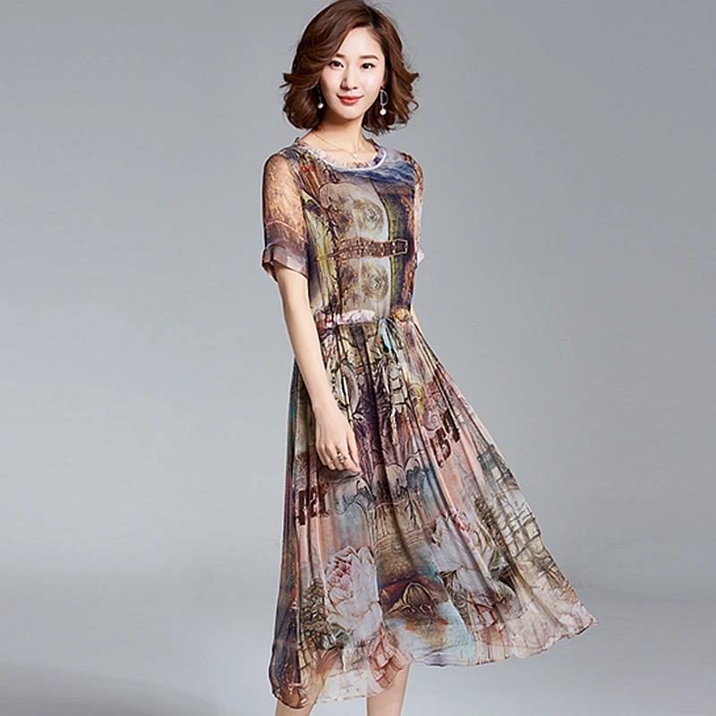 100% Silk Dress Women Abstract Print O Neck Short Sleeves Tie Waist Grade Fabric Plus Size Elegant Style Summer New Fashion 2018
100% Silk Dress Women Abstract Print O Neck Short Sleeves Tie Waist Grade Fabric Plus Size Elegant Style Summer New Fashion 2018