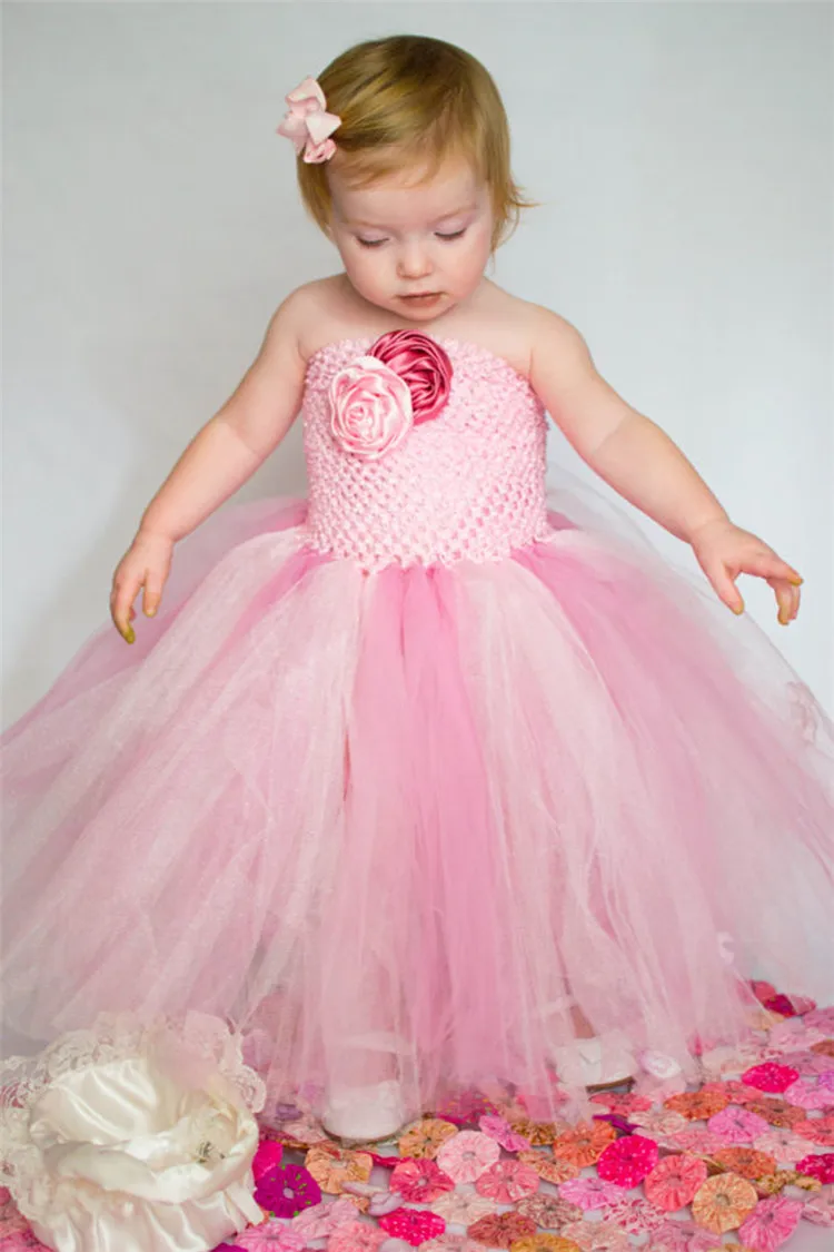 Фото Розовое платье-пачка кроше для девочек детское Пышное Двухслойное фатиновое
