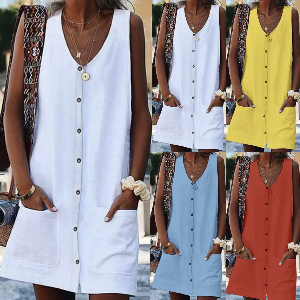 Women Solid White Orange Yellow Linen Strappy Sleeveless Buttons Above Knee V Neck Pockets Casual Line Summer Dress Mini Dresses
Women Solid White Orange Yellow Linen Strappy Sleeveless Buttons Above Knee V Neck Pockets Casual Line Summer Dress Mini Dresses