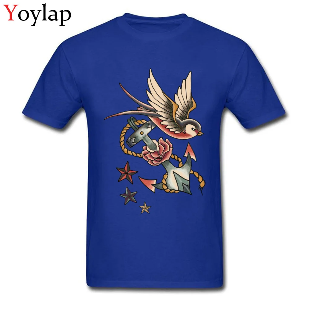 2017 New Fashion Printed On T-Shirt Round Collar All Cotton Retro Tattoo Male Tops Shirt Short Sleeve Fall Printed On Tee Shirt blue