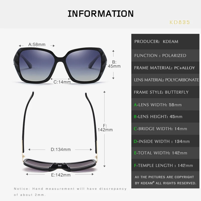 Женские блестящие солнцезащитные очки KDEAM дизайнерские поляризационные бабочки