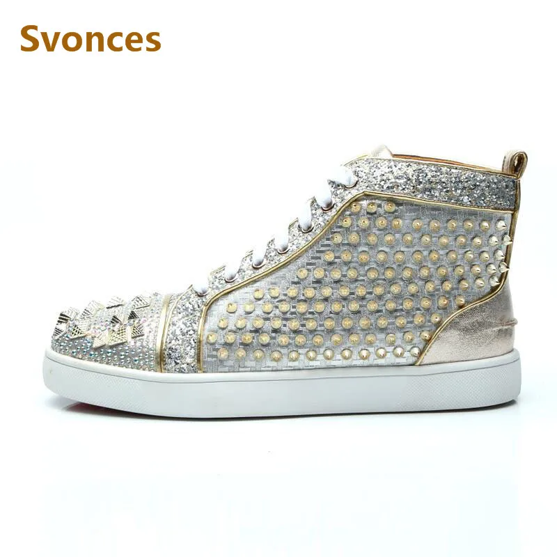 Unisex Style Sneakers Gold Silver Spike RivetsHigh Top Mens Casual Shoes Luxury Crytsal Solid Designer Man Boots Euro Size 38-47
Unisex Style Sneakers Gold Silver Spike RivetsHigh Top Mens Casual Shoes Luxury Crytsal Solid Designer Man Boots Euro Size 38-47
