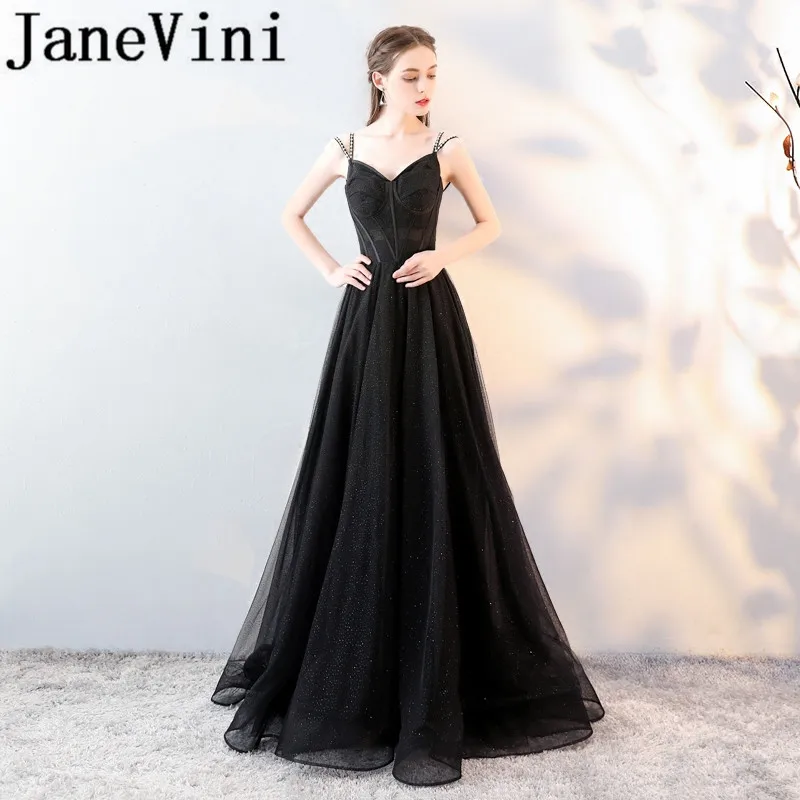 JaneVini 2018 Sparkling Black Beaded Long Bridesmaid Dresses Spaghetti Straps Backless Sweep Train Modest Maid of Honor Dress
JaneVini 2018 Sparkling Black Beaded Long Bridesmaid Dresses Spaghetti Straps Backless Sweep Train Modest Maid of Honor Dress