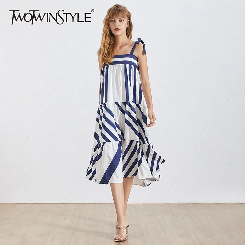 TWOTWINSTYLE Striped Dress For Women Off Shoulder Sleeveless Bowknot Lace Up Oversize Dresses FemaleFashion Summer 2019
TWOTWINSTYLE Striped Dress For Women Off Shoulder Sleeveless Bowknot Lace Up Oversize Dresses FemaleFashion Summer 2019
