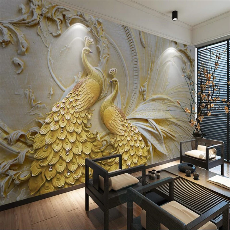 

beibehang 3D three-dimensional relief gold peacock background wall painting custom large mural green wallpaper papel de parede