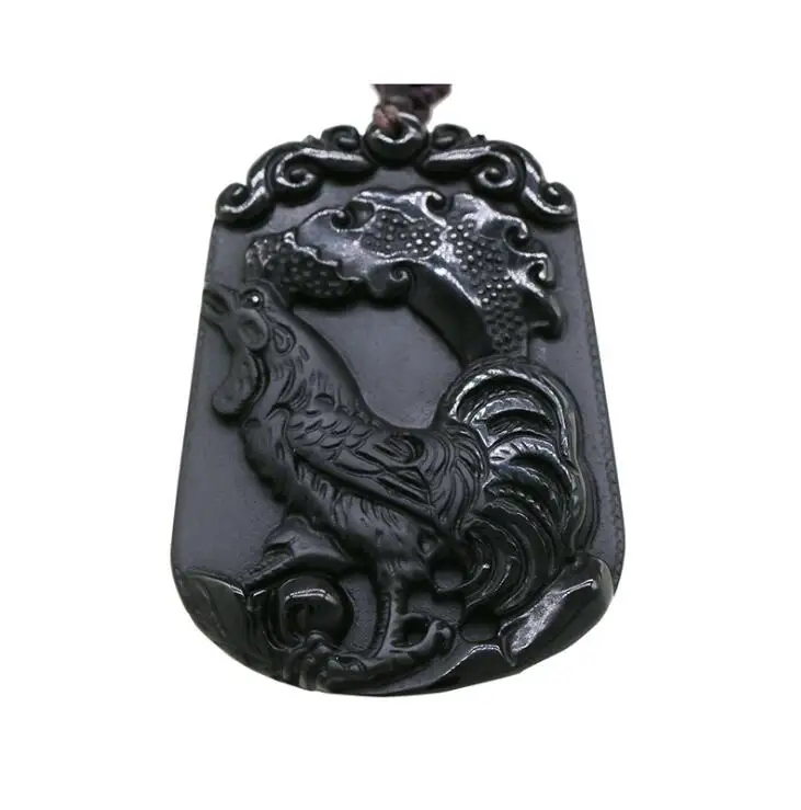 Natural Black Carved Chinese zodiac chicken Obsidian amulet necklace pendants fine for women and men | Украшения и аксессуары